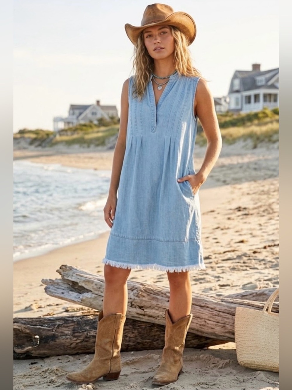 Hope & Harlow Denim Fringe Frayed Dress sleeveless Light Blue Coastal Cowgirl 2